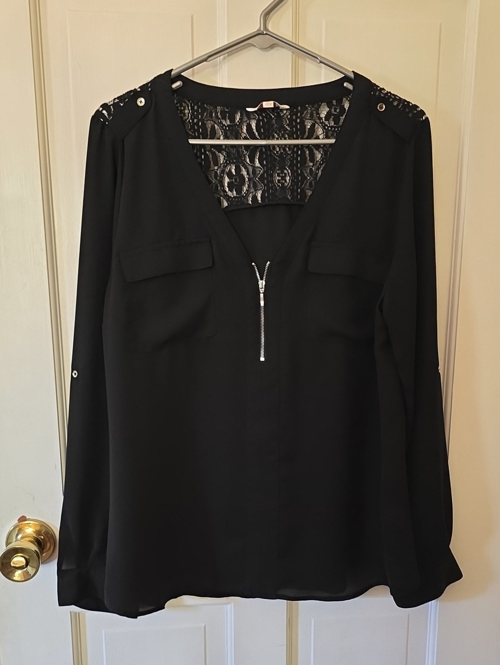Candie's Black Long Sleeve Lace-Back Zip Front Top Size XL